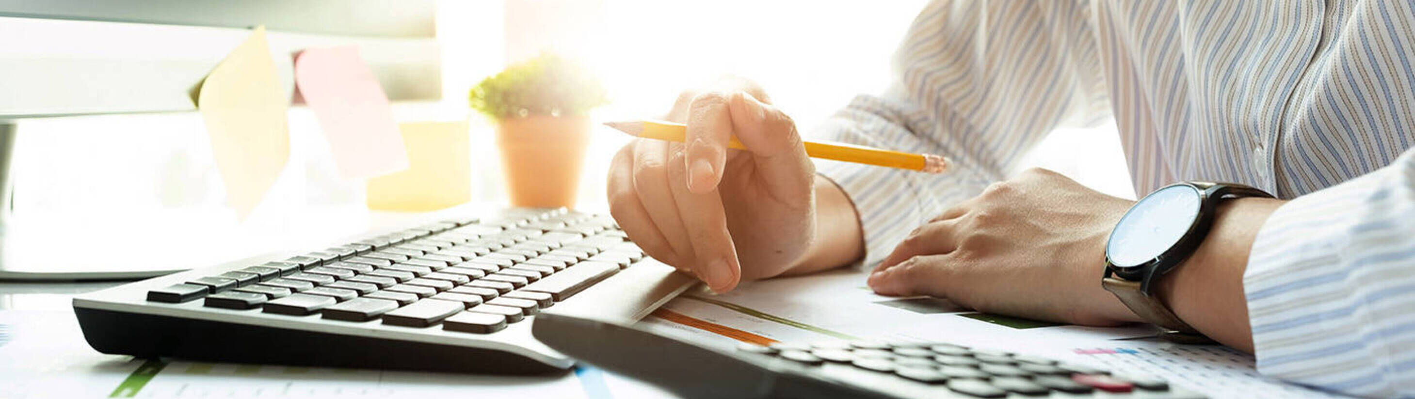 Image of professional bookkeeper working with computer and calculator 