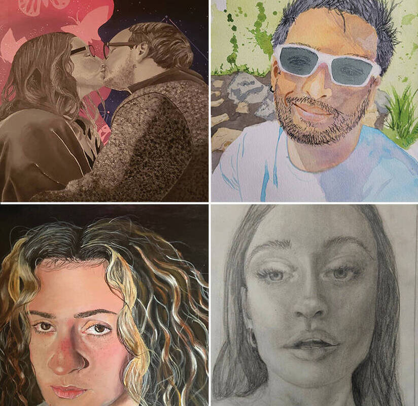 Collage of four student self-portraits from Senior Art Show 2024