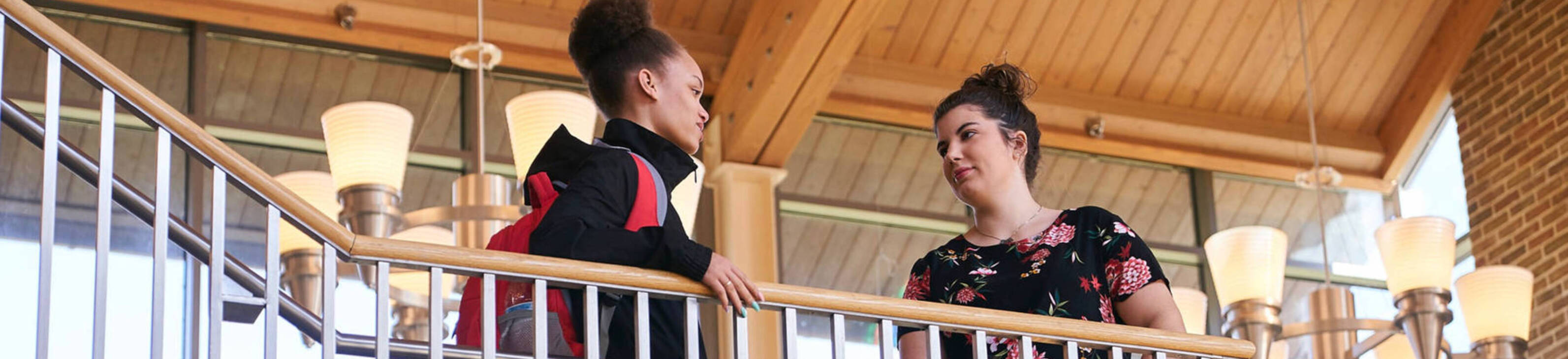Two students talking on steps